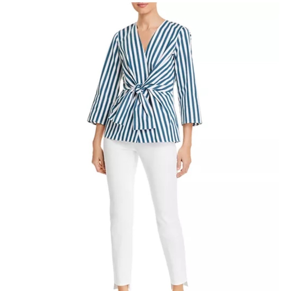Lafayette 148 New York Blue and White Striped Wrap Blouse - Picture 2 of 11